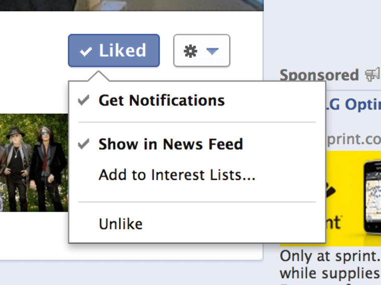 Facebook get notifications, show in news feed like options
