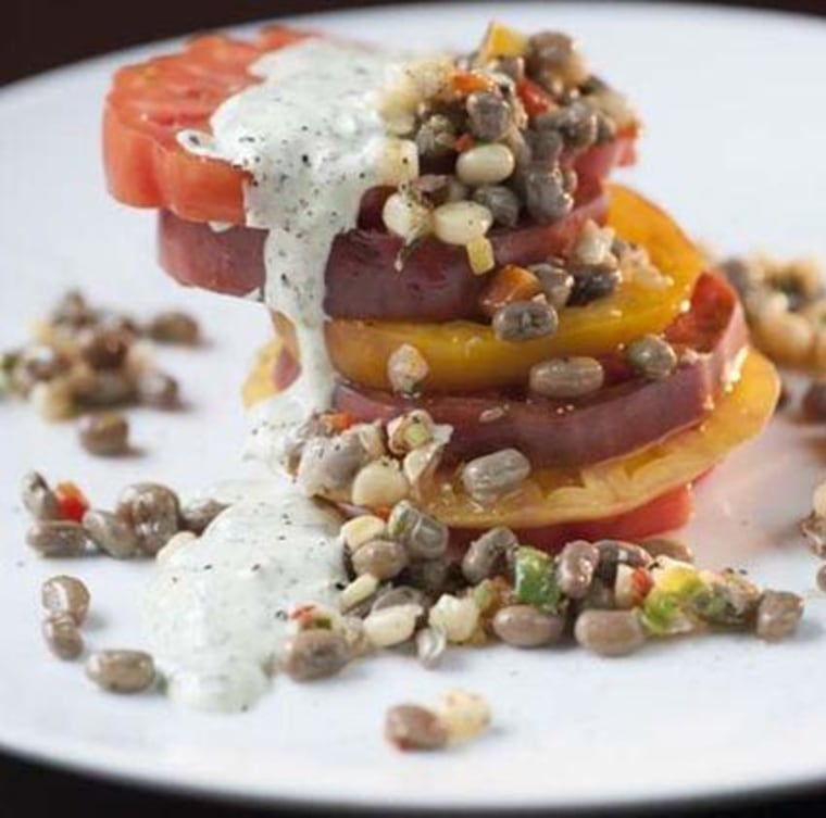 Soby's heirloom tomato salad with sweet corn and pea relish uses local tomatoes from local farmer Jeff Isbel.