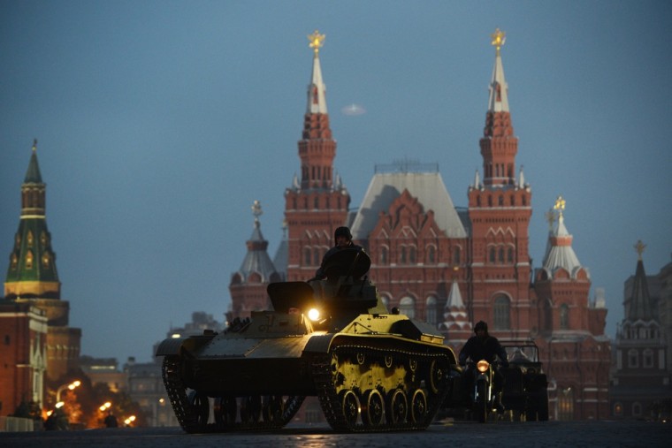 A Soviet World War II period tank rolls through Red Square.