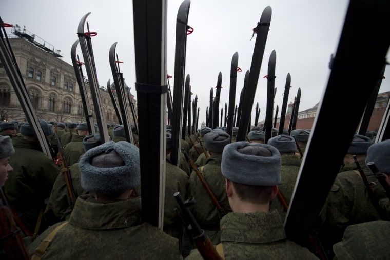 Russian soldiers take part in a rehearsal of a military parade at Red Square in Moscow on Nov. 2, 2012. The event, which takes place on Nov. 7, markst he 71st anniversary of a historical parade of 1941, when soldiers left for the front line just after marching here, as Nazi German troops were fighting with Soviet soldiers a few kilometers from Moscow.