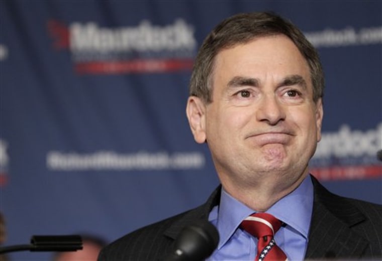 This May 8, 2012 file photo shows then-Indiana Treasurer Richard Mourdock speaking to supporters in Indianapolis after he defeated incumbent Sen. Richard Lugar, R-Ind. in the primary.