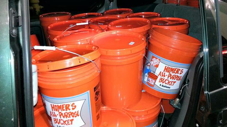 These are the buckets Yunus Latif used to fill up gas in Orange. He planned to take them to his friends and neighbors in Queens, N.Y.