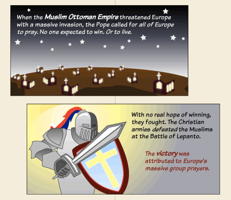 Cartoon of Middle East village and a Christian knight.
