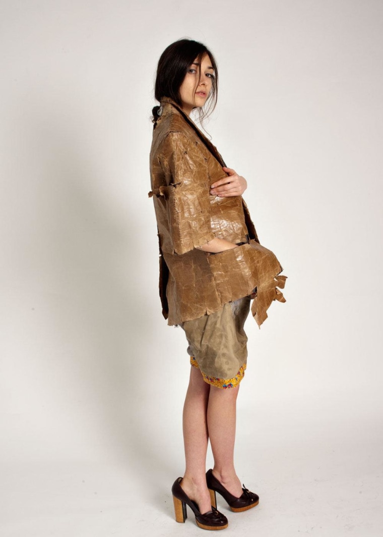 Aki Goto's coat for United Bamboo is made from materials more commonly found around the house, like brown paper bags and duct tape.