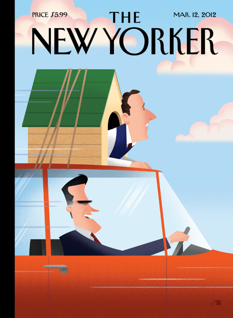 Then-candidate Rick Santorum stood in for Seamus, the Romney family dog, on a New Yorker cover, by Bob Staake.