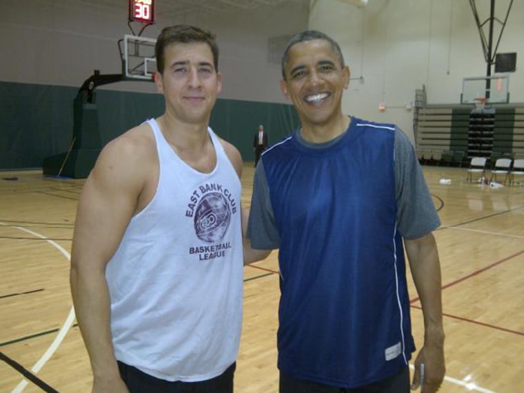 President Obama and former Illinois treasurer Alex Giannoulias, after their traditional pick-up basketball game Tuesday, Nov. 6.