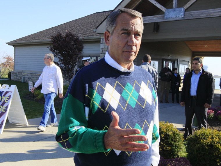 Speaker John Boehner talks with reporters outside Ronald Reagan Lodge after voting, Tuesday, Nov. 6, 2012, in West Chester, Ohio.