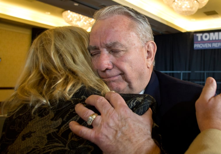 U.S. Senate candidate Tommy Thompson gets hugs from supporters after conceding defeat.