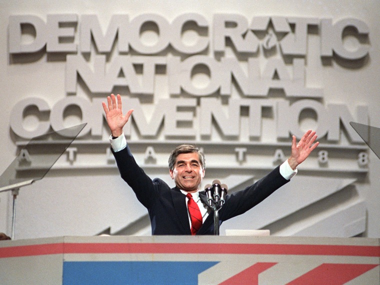 Democratic Party's candidate in the 1988 presidential race Michael Dukakis, get the audience cheering  during the Democratic National Convention.