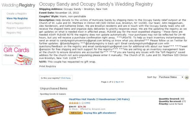 No, these \"two\" aren't getting married; but members of Occupy Wall Street are behind this effort to get \"gifts\" for those in need because of Superstorm Sandy.