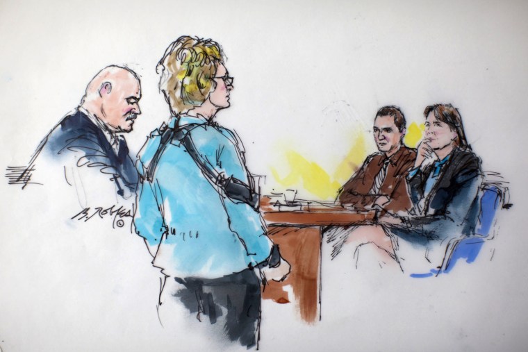 A courtroom sketch shows former Rep. Gabrielle Giffords locking eyes with her shooter, Jared Loughner, during his sentencing in Tucson, Ariz., Thursday.
