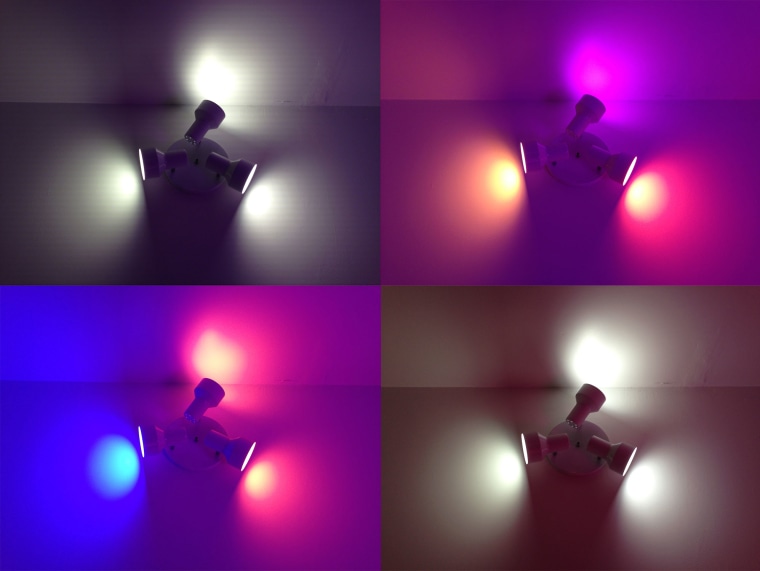 2 x 2 shot of Philips Hue bulbs in various color modes in a 3-way light socket.