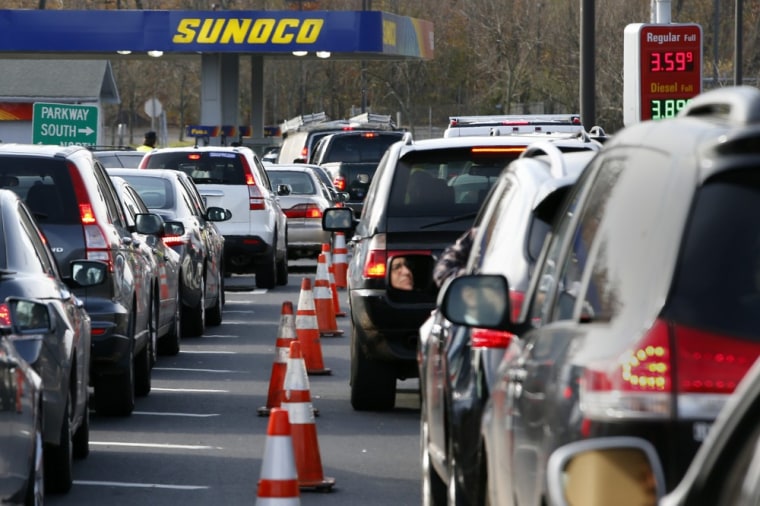 Cars wait in long lines at a Sunoco gas station on the Garden State Parkway in Montvale, New Jersey in this November 1, 2012, file photo. The worst fu...