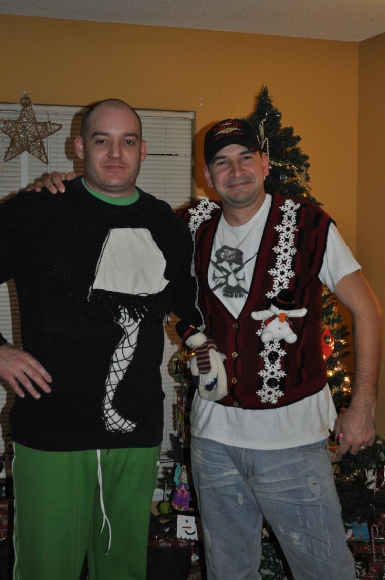 Andrew in The Christmas Story leg lamp sweater. Shawn in a Musical Snowman sweater vest.