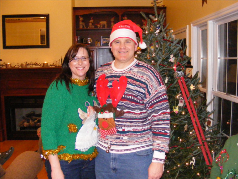 Charles and Laura Berry at an Ugly Christmas Sweater Party! Laura's sweater is quite