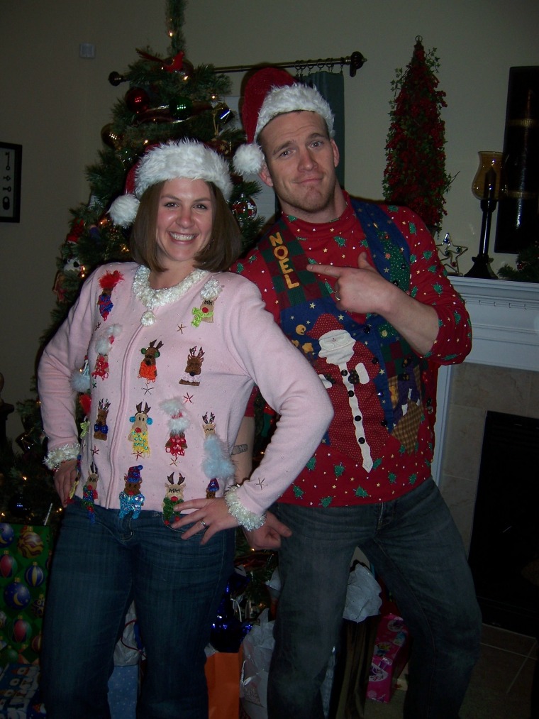 Our church group had an ugly Christmas sweater party! These two were voted the