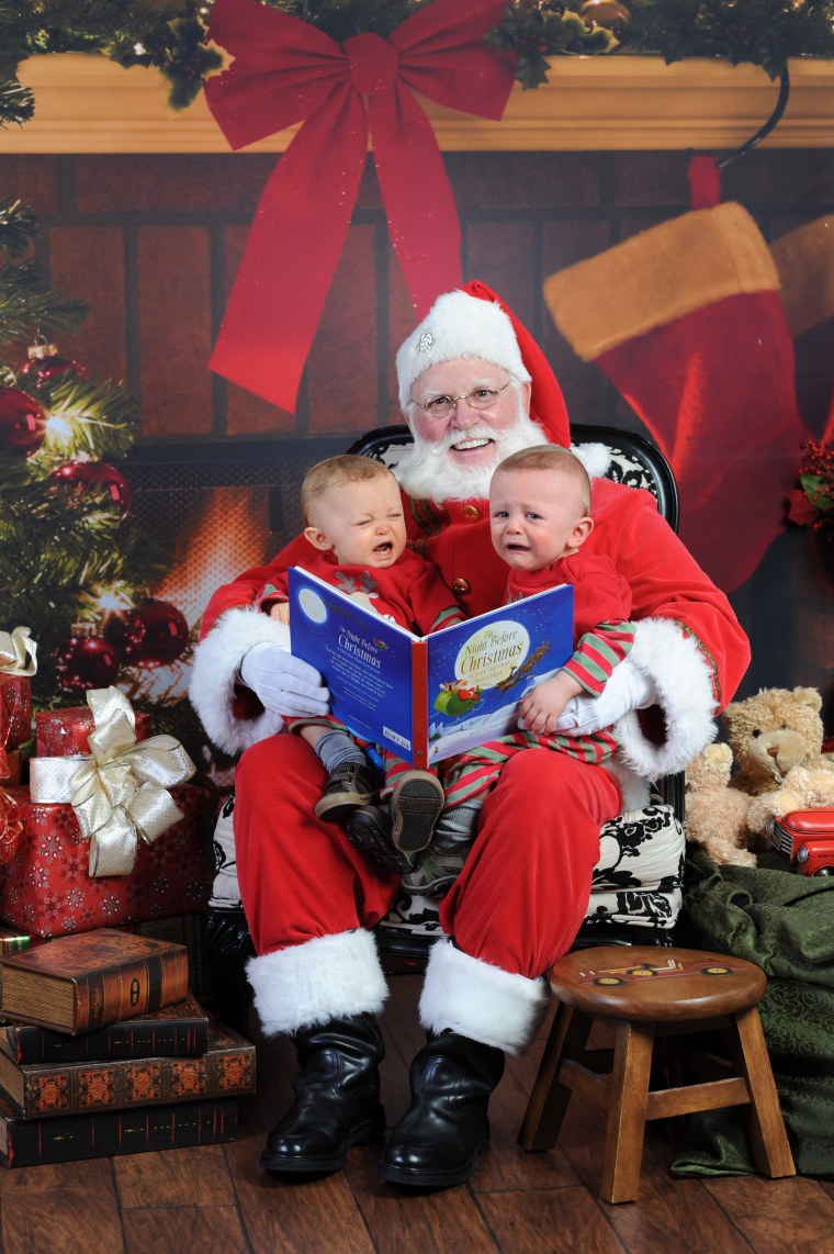 Bode and Brogie went from happy to not-so-happy on Santa's lap.