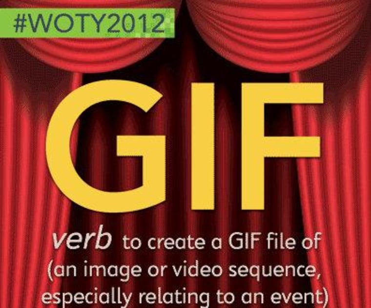 \"GIF\" beat out \"nomophobia\" (\"anxiety caused by being without one's mobile phone\") and YOLO (\"you only live once\") as the Oxford Dictionaries USA Word of the Year 2012.