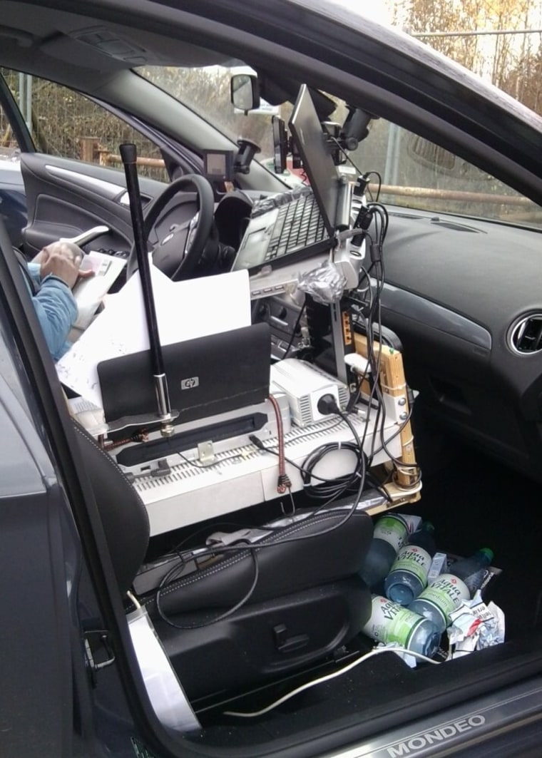 When German police pulled over a driver on the autobahn on Monday, they discovered his vehicle was wired up like a mobile office.