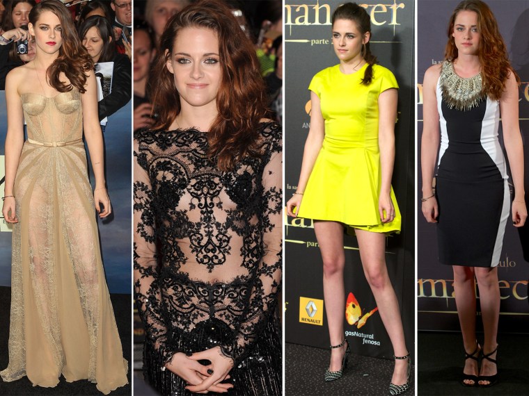 From left to right: Kristen In Los Angeles, in London, at the Madrid premiere and earlier that day, at a photocall in a Madrid hotel.