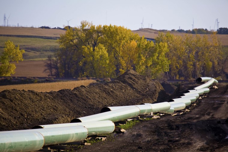The Keystone XL pipeline is pictured under construction in North Dakota in this undated photograph released on Jan. 18