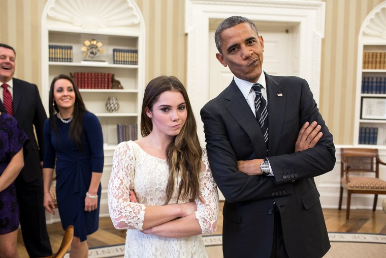 President Barack Obama jokingly mimics U.S. Olympic gymnast McKayla Maroney's 'not impressed' expression while greeting members of the 2012 U.S. Olympic gymnastics teams in the Oval Office, Nov. 15, at the White House in Washington, D.C. Maroney's expression became an internet sensation when during the ceremony for her 2012 Olympic vault silver medal she was photographed giving a brief look of disappointment with her lips pursed to the side. Steve Penny, USA Gymnastics President, and Savannah Vinsant laugh at left.