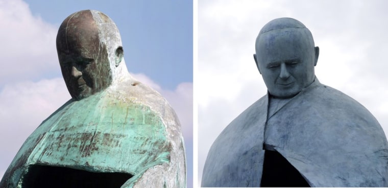 This combined picture shows Italian sculptor Oliviero Rainaldi's statue of Pope John Paul II before its restoration, left, on Sept. 23, 2011, and at its inauguration after the restoration, in Rome on Nov. 19, 2012.