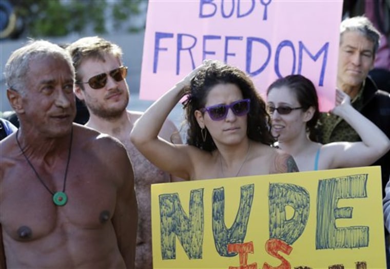 Demonstrators gather outside of City Hall in San Francisco on Nov. 14 for a protest against a proposed citywide nudity ban.