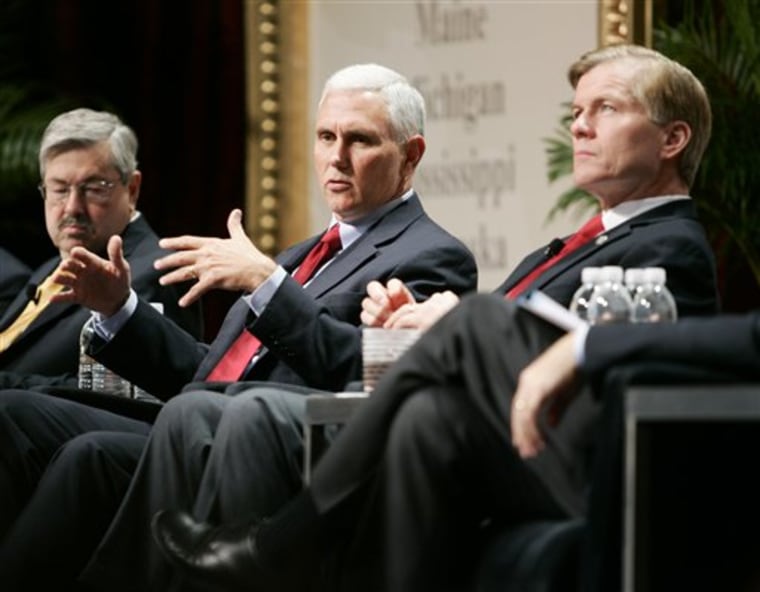 Iowa Gov. Terry Branstad, left, Indiana Gov.-Elect Mike Pence, center, and Republican Governors Association Chairman and Virginia Gov. Bob McDonnell participate in the RGA Annual Conference on Nov. 15, 2012, in Las Vegas.