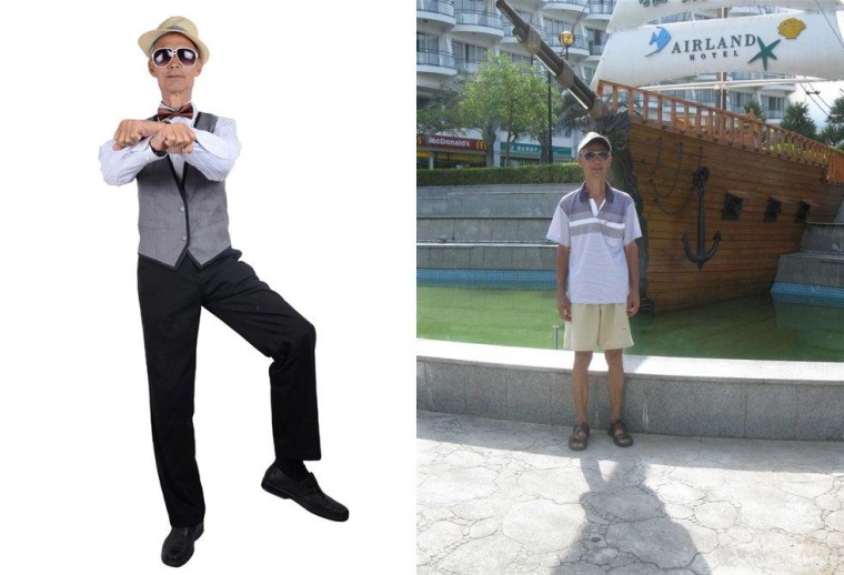 Liu goes Gangnam Style, left, and in his regular clothes, right.