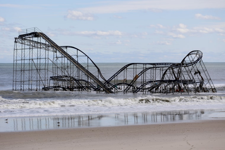 A rollercoaster that once sat on the Funtown Pier in Seaside Heights, N.J., rests in the ocean after the pier was washed away by Superstorm Sandy,Oct. 31, 2012.