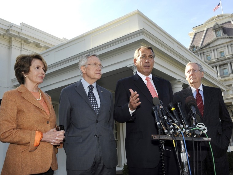 House Minority Leader Nancy Pelosi (D-CA), Senate Majority Leader Harry Reid (D-NV), Speaker of the House John Boehner (R-OH), and Senate Minority Leader Mitch McConnell (R-KY) speak to the media at the White House on November 16, 2012 in Washington, DC.