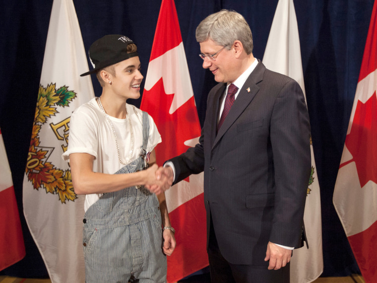 Justin Bieber and Canadian Prime Minister Stephen Harper.