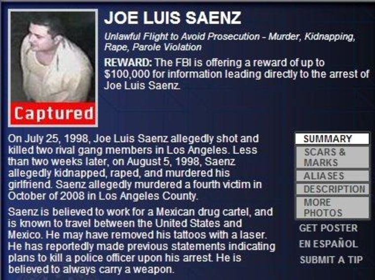 The FBI's listing for Jose Luis Saenz after his capture last week in Mexico.