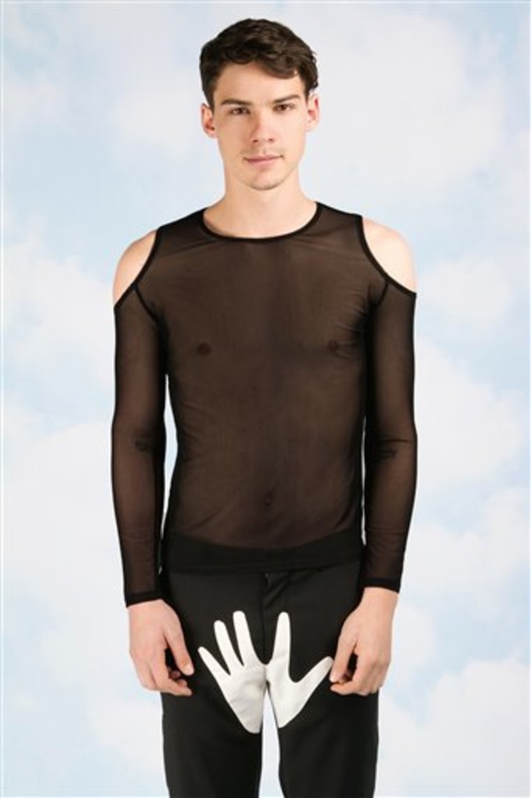 Behold! A black mesh Cutout Shirt ($145) and a black wool Hand Trouser ($335) from Yoko Ono's new menswear collection.