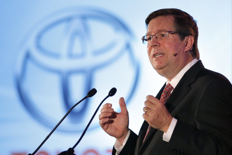 Jim Lentz, Toyota’s top American executive, delivers a keynote speech Wednesday at the LA Auto Show in Los Angeles.