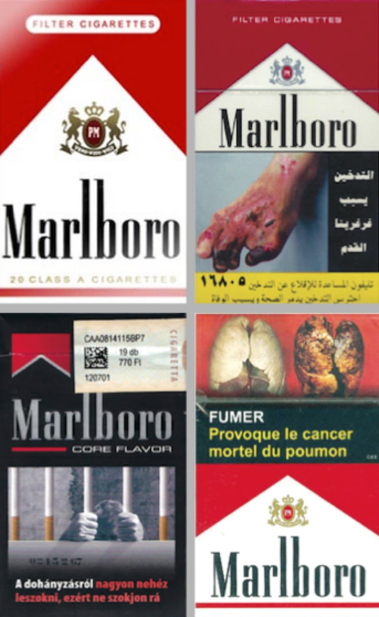 Marlboro, the world's top-selling brand, is shown packaged under labeling laws of, clockwise from upper left, the U.S., Egypt, Djibouti, Hungary.