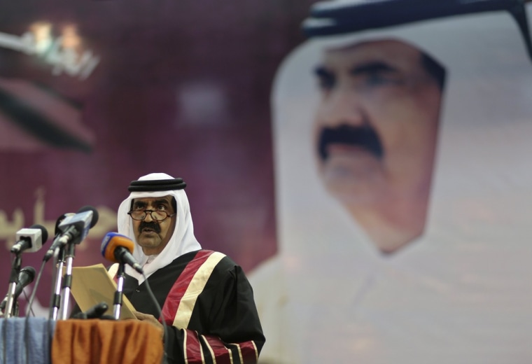 The Emir of Qatar Sheikh Hamad bin Khalifa al-Thani speaks during a visit to the Islamic University in Gaza City on Oct. 23.