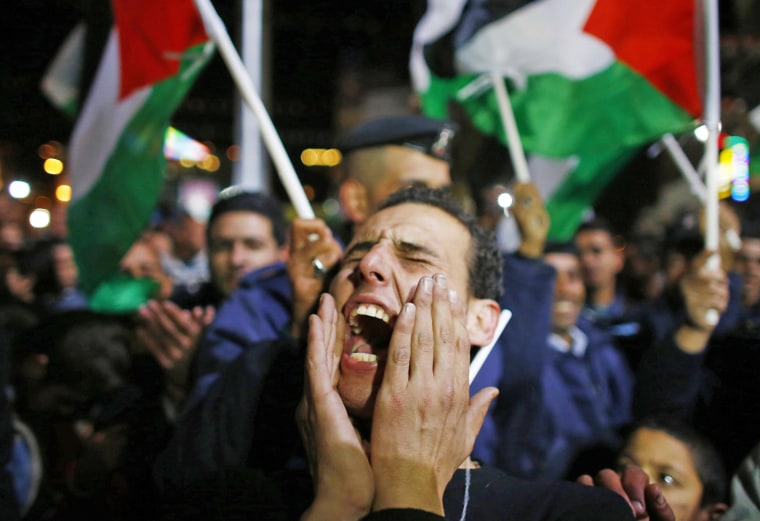 A Palestinian man shouts slogans during a rally in the West Bank city of Ramallah on Nov. 29 to support a resolution giving implicit recognition to Palestinian statehood.