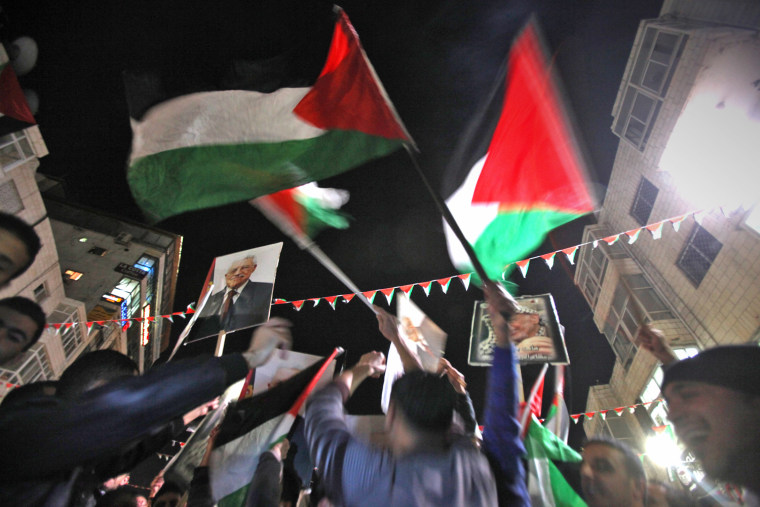 Palestinians celebrate in the West Bank city of Ramallaha on Nov. 29 after the U.N. General Assembly voted to recognize Palestine as a non-member state.