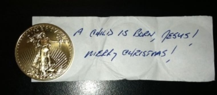 An anonymous donor left this gold coin worth almost $2,000 in a Red Kettle in Houston on Tuesday.