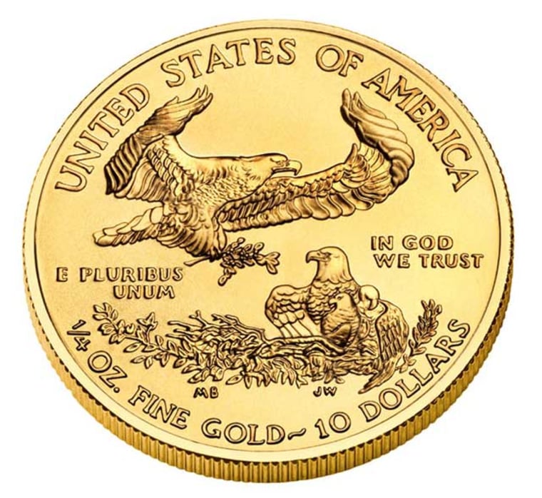 U.S. Gold Eagles come in four denominations: $5, $10, $25 and $50. But their real value is tied to the market price of gold. A $10 piece like this one fetches about $500.