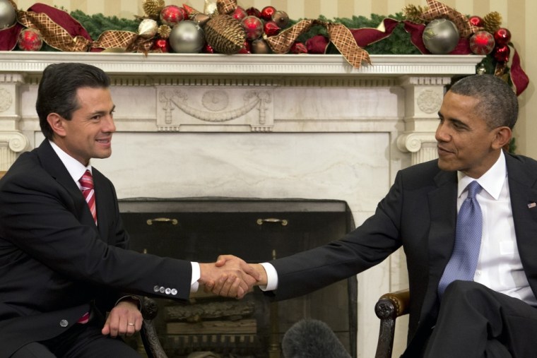 President Barack Obama shakes hands with Mexico's President-elect Enrique Pena Nieto prior to their meeting in the Oval Office of the White House in Washington, Tuesday, Nov. 27, 2012.
