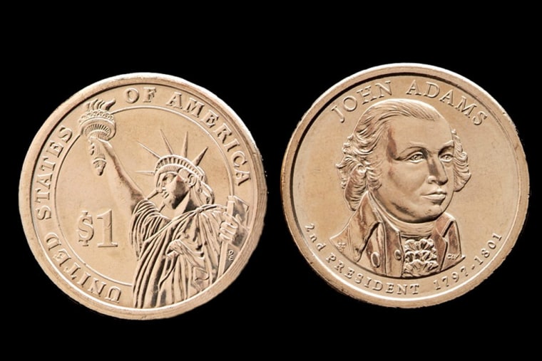 This undated photo provided by the U.S. Mint shows the front, right, and back of the President John Adams presidential $1 coin. Congress debated Thurs...