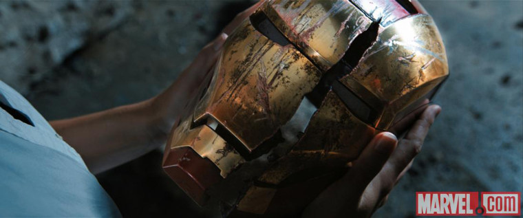 The Iron Man helmet, damaged, in