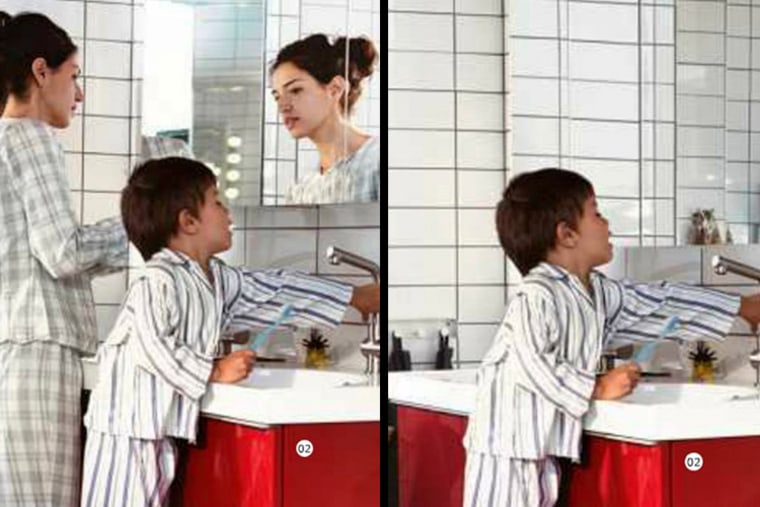 Now you see her. Now you don't. The image on the left appeared in Ikea's Swedish catalogue. The same image, sans the woman, in the Saudi Arabian catalogue.