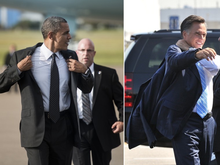 This combination of file pictures shows President Barack Obama removing his jacket after arriving at Tampa International Airport on September 20 in Tampa, Florida, and Republican presidential candidate Mitt Romney putting on his jacket before departing Newark airport in New Jersey for Ohio where he will address a campaign rally on September 14, 2012.