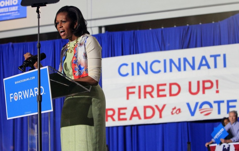 First lady Michelle Obama speaks to grassroots supporters on Tuesday in Cincinnati.