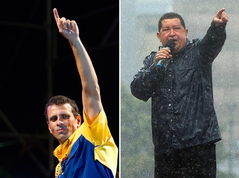 Venezuela's opposition presidential candidate Henrique Capriles (left) and President Hugo Chavez attend campaign rallies on Thursday.