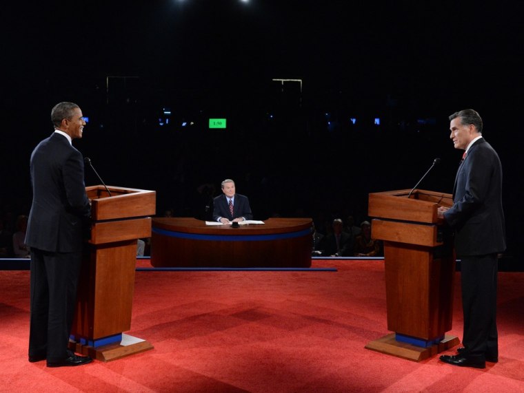 President Barack Obama and Republican challenger Mitt Romney participate in their first debate at the University of Denver in Denver, Colorado, October 3, 2012.